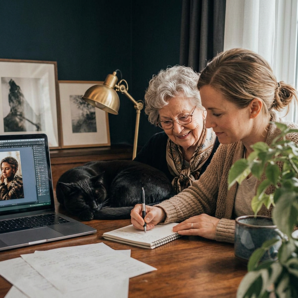 An adult daughter in her late 30s writing in a notebook at a wooden desk with her elderly mother beside her, their black cat asleep next to the laptop