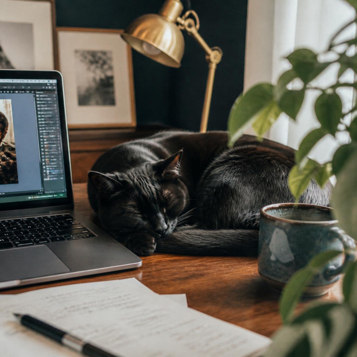 A woman in her late 30s writing in a notebook at a wooden desk, her black cat asleep beside the laptop