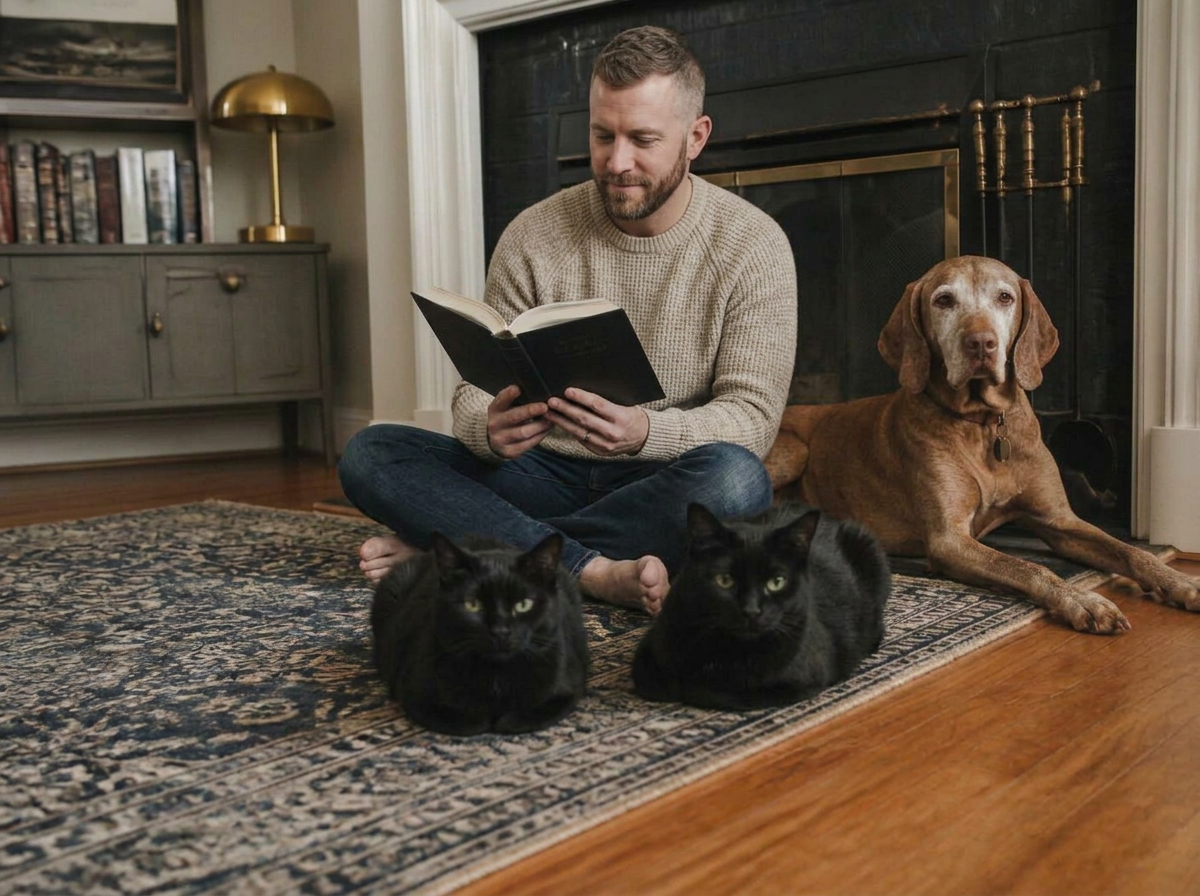 Kona the senior vizsla and two senior black cats resting on a living room rug while a man in his mid-30s sits among them reading