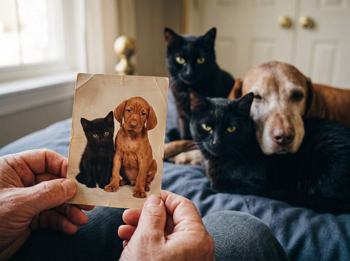 Hands holding an old printed photo of a black kitten and a vizsla puppy, with the same pets grown old behind it, two senior black cats and a grey-muzzled vizsla resting together
