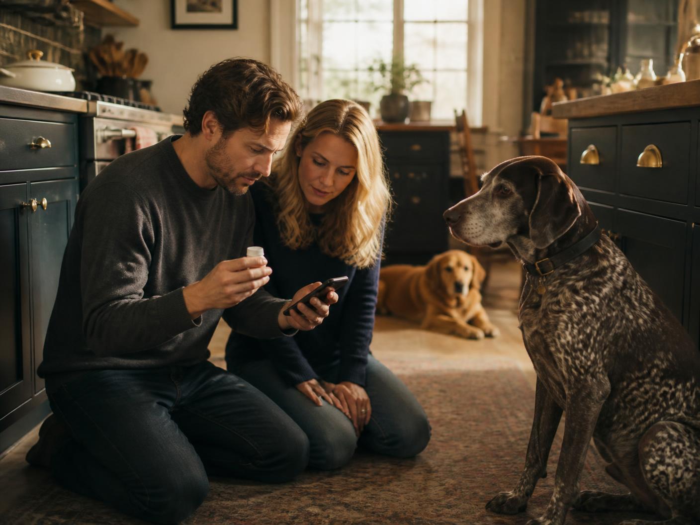 A couple in their mid-30s kneeling in a warm kitchen, checking a pill bottle against their phone while their senior German shorthaired pointer waits beside them and a golden retriever rests nearby